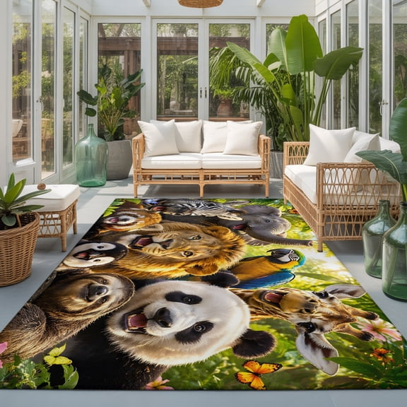 Rectangle Rug 5x7ft Area Rug, Jungle Animals Elephant Lion Pattern Area Rugs for Living Room Bedroom, Zebra Panda Sloth Floor Mat Non-Slip Non-Shedding Carpet Indoor Accent Rugs