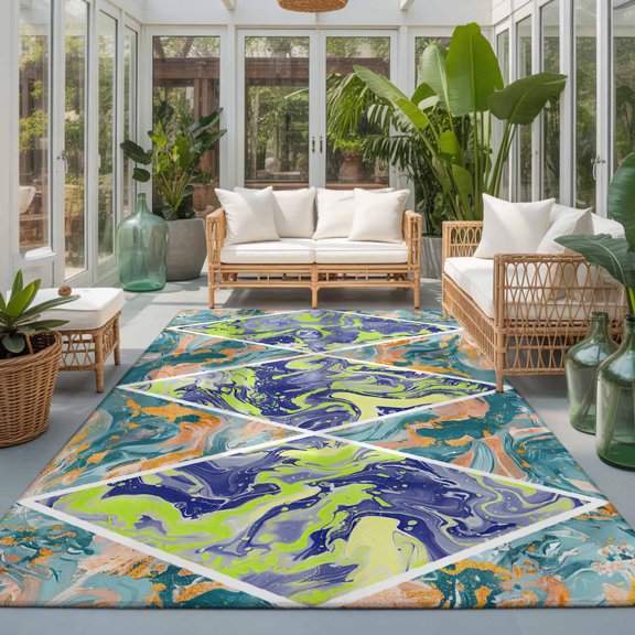 Rectangle Rug 5x7ft Area Rug, Marble Texture Colorful Liquid Wave Area Rugs for Living Room Bedroom, Retro Modern Abstract Art Floor Mat Non-Slip Non-Shedding Carpet Indoor Accent Rugs