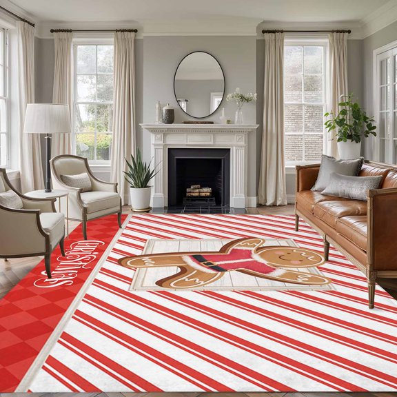 Rectangle Rug 5x7ft Area Rug, Merry Christmas Cartoon Cookies Area Rugs for Living Room Bedroom, Red Stripes Geometric Floor Mat Non-Slip Non-Shedding Carpet Indoor Accent Rugs
