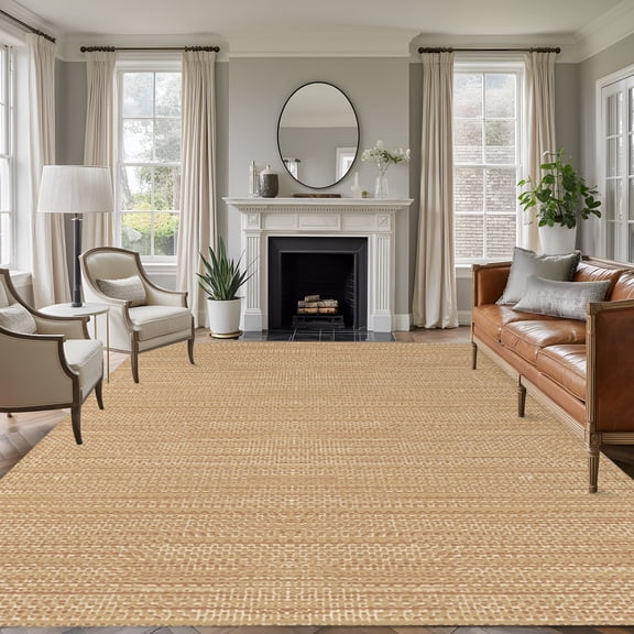 Rectangle Rug 5x7ft Area Rug, Minimalist Light Brown Area Rugs for Living Room Bedroom, Crosshatch Linen Textured Floor Mat Non-Slip Non-Shedding Carpet Indoor Accent Rugs