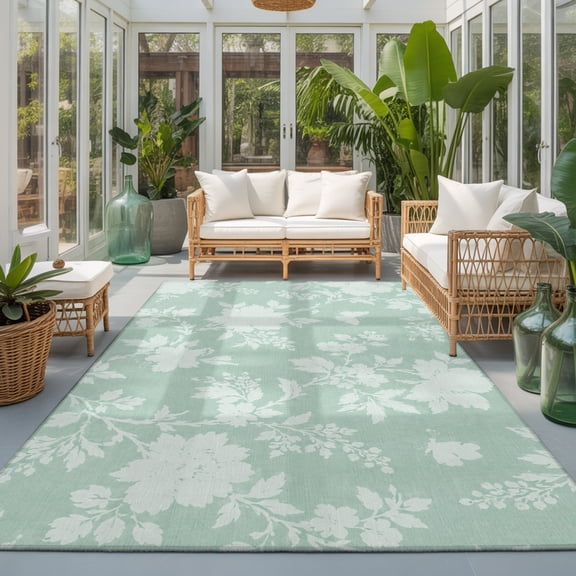 Rectangle Rug 5x7ft Area Rug, Mint Green Rose Pastoral Leaf Area Rugs for Living Room Bedroom, Vintage Country Floral Floor Mat Non-Slip Non-Shedding Carpet Indoor Accent Rugs