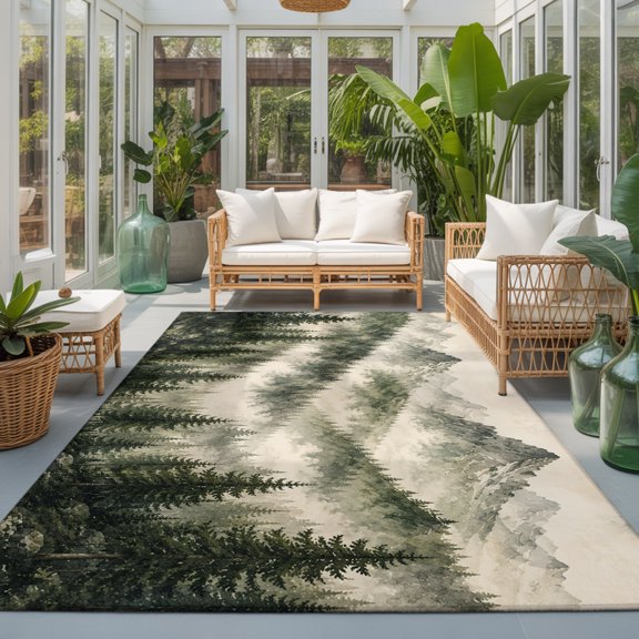 Rectangle Rug 5x7ft Area Rug, Misty Forest Mountain Peaks Area Rugs for Living Room Bedroom, Retro Natural Landscape Floor Mat Non-Slip Non-Shedding Carpet Indoor Accent Rugs