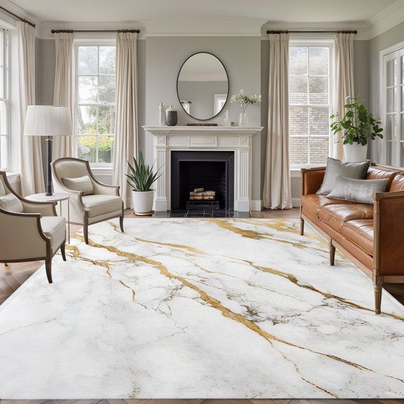 Rectangle Rug 5x7ft Area Rug, Modern Abstract Marble Texture Area Rugs for Living Room Bedroom, White Gray Stone Gold Stripes Floor Mat Non-Slip Non-Shedding Carpet Indoor Accent Rugs