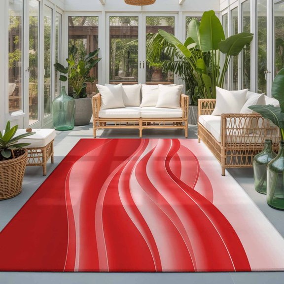 Rectangle Rug 5x7ft Area Rug, Modern Abstract Ocean Waves Lines Area Rugs for Living Room Bedroom, Gradient Red Floor Mat Non-Slip Non-Shedding Carpet Indoor Accent Rugs