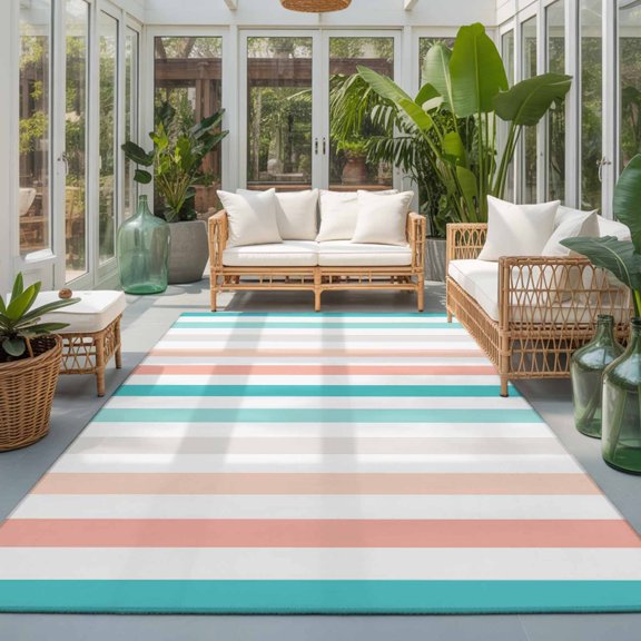Rectangle Rug 5x7ft Area Rug, Modern Geometric Stripe Area Rugs for Living Room Bedroom, Aqua Gray Coral Line Floor Mat Non-Slip Non-Shedding Carpet Indoor Accent Rugs