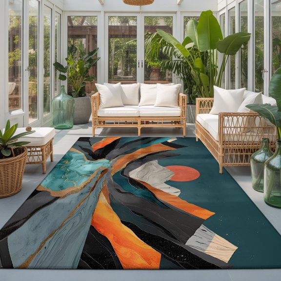 Rectangle Rug 5x7ft Area Rug, Mountain Peaks Abstract Geometric Area Rugs for Living Room Bedroom, Vintage Boho Art Floor Mat Non-Slip Non-Shedding Carpet Indoor Accent Rugs