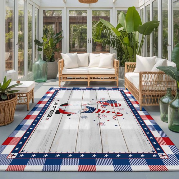 Rectangle Rug 5x7ft Area Rug, National Flag Day Dwarf on Wood Plank Area Rugs for Living Room Bedroom, Buffalo Plaid Floor Mat Non-Slip Non-Shedding Carpet Indoor Accent Rugs