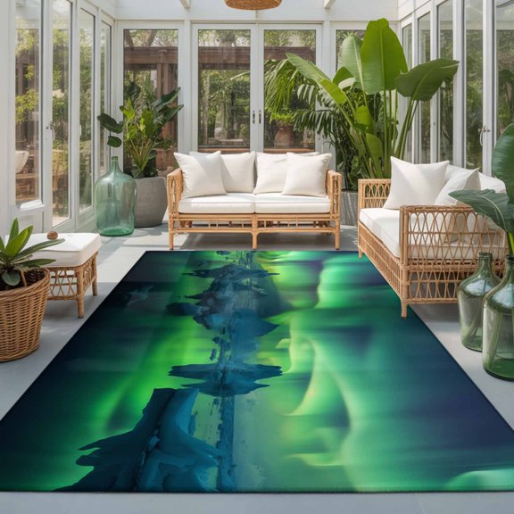 Rectangle Rug 5x7ft Area Rug, Natural Scene Polar Lights Area Rugs for Living Room Bedroom, Winter Iceland Aurorae Floor Mat Non-Slip Non-Shedding Carpet Indoor Accent Rugs