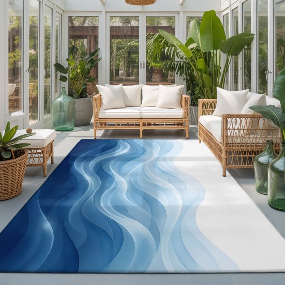Rectangle Rug 5x7ft Area Rug, Navy Blue Fluid Waves Area Rugs for Living Room Bedroom, Minimalist Gradient Layered Floor Mat Non-Slip Non-Shedding Carpet Indoor Accent Rugs