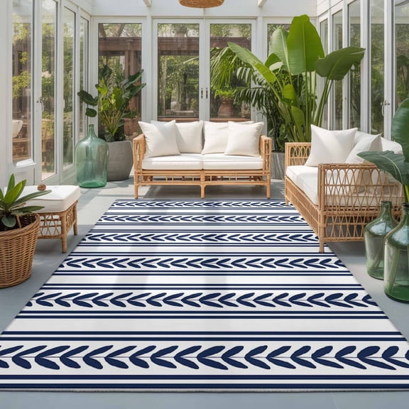Rectangle Rug 5x7ft Area Rug, Navy Blue Leaves Stripe Texture Area Rugs for Living Room Bedroom, Coastal Theme Farm Plant Floor Mat Non-Slip Non-Shedding Carpet Indoor Accent Rugs