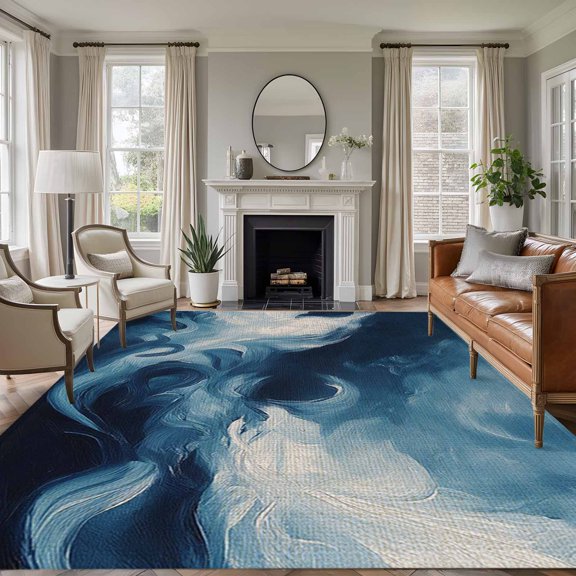 Rectangle Rug 5x7ft Area Rug, Navy Blue Ocean Waves Abstract Style Area Rugs for Living Room Bedroom, Natural Landscape Floor Mat Non-Slip Non-Shedding Carpet Indoor Accent Rugs