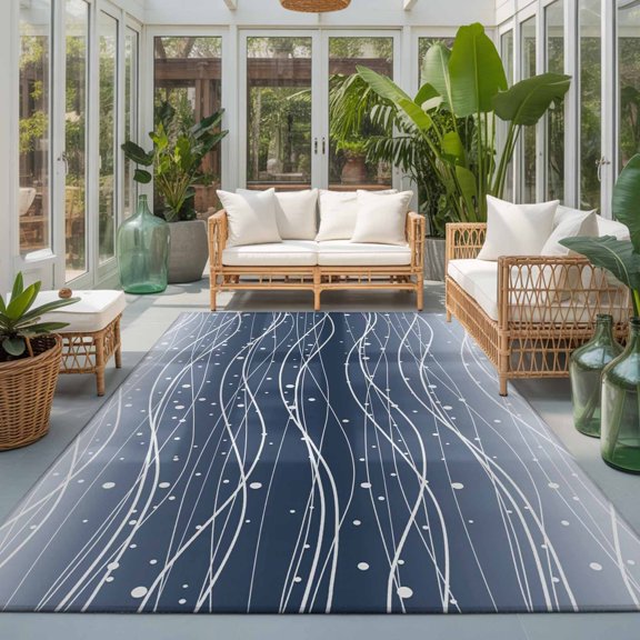 Rectangle Rug 5x7ft Area Rug, Ocean Gradient Navy Blue Waves Area Rugs for Living Room Bedroom, Abstract Wave Points Floor Mat Non-Slip Non-Shedding Carpet Indoor Accent Rugs