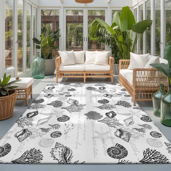 Rectangle Rug 5x7ft Area Rug, Ocean Grey Shell Coral Starfish Area Rugs for Living Room Bedroom, Abstract Marine Life Floor Mat Non-Slip Non-Shedding Carpet Indoor Accent Rugs
