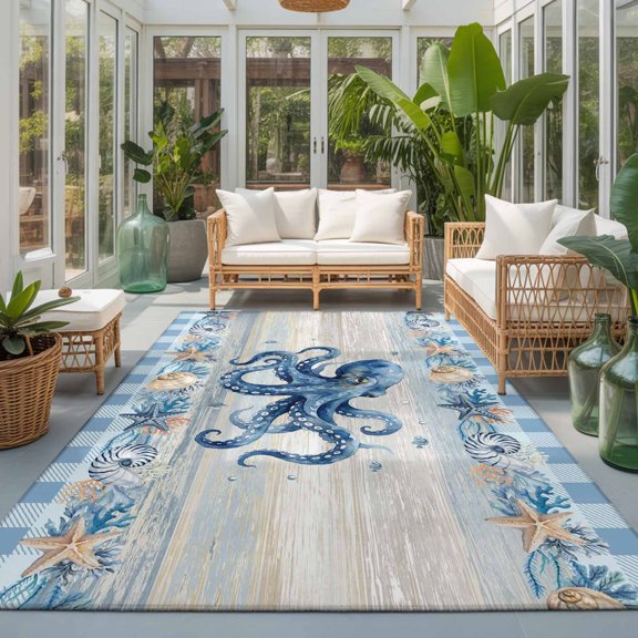 Rectangle Rug 5x7ft Area Rug, Ocean Octopus Starfish Conch Coral Area Rugs for Living Room Bedroom, Blue Plaid Floor Mat Non-Slip Non-Shedding Carpet Indoor Accent Rugs
