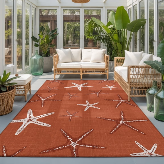 Rectangle Rug 5x7ft Area Rug, Ocean Starfish on Brick Red Linen Area Rugs for Living Room Bedroom, Marine Stars Sketch Floor Mat Non-Slip Non-Shedding Carpet Indoor Accent Rugs