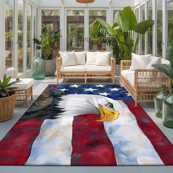 Rectangle Rug 5x7ft Area Rug, Patriotic American Flag Eagle Area Rugs for Living Room Bedroom, Independence Day Star and Stripe Floor Mat Non-Slip Non-Shedding Carpet Indoor Accent Rugs