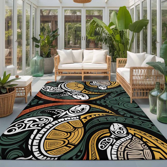 Rectangle Rug 5x7ft Area Rug, Polynesia Sea Turtle Area Rugs for Living Room Bedroom, Traditional Tribe Ocean Life Floor Mat Non-Slip Non-Shedding Carpet Indoor Accent Rugs