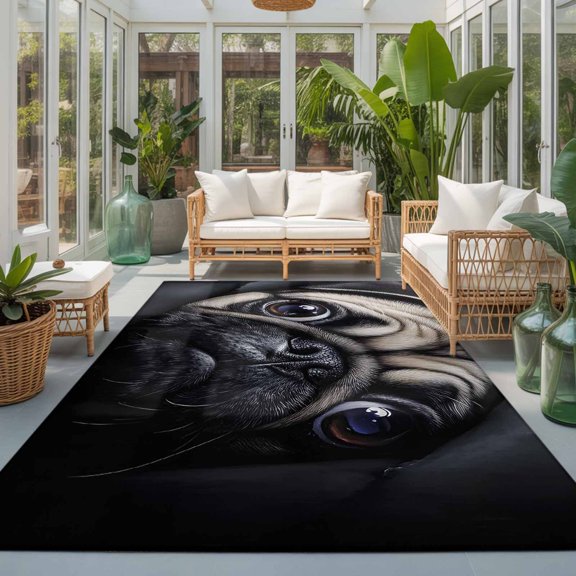 Rectangle Rug 5x7ft Area Rug, Realistic Pug Dog Pattern Area Rugs for Living Room Bedroom, Dark Background Floor Mat Non-Slip Non-Shedding Carpet Indoor Accent Rugs