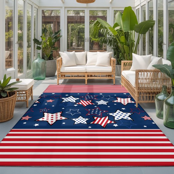 Rectangle Rug 5x7ft Area Rug, Red Blue Stripe Star Area Rugs for Living Room Bedroom, July 4th American Flag Theme Floor Mat Non-Slip Non-Shedding Carpet Indoor Accent Rugs
