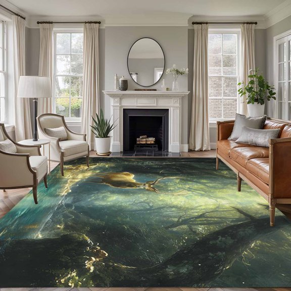 Rectangle Rug 5x7ft Area Rug, Reindeer in The Forest Area Rugs for Living Room Bedroom, Hunting Nature Scenery Clear Lake Floor Mat Non-Slip Non-Shedding Carpet Indoor Accent Rugs