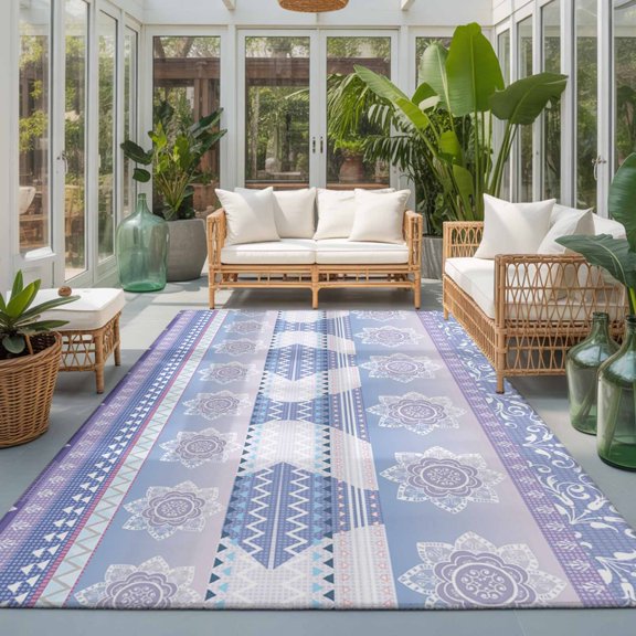 Rectangle Rug 5x7ft Area Rug, Retro Bohemian Flower Pattern Area Rugs for Living Room Bedroom, Purple Boho Geometric Theme Floor Mat Non-Slip Non-Shedding Carpet Indoor Accent Rugs