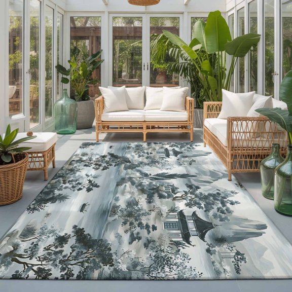 Rectangle Rug 5x7ft Area Rug, Retro Garden Landscape Plant Mountain Area Rugs for Living Room Bedroom, Watercolor Chinese Style Floor Mat Non-Slip Non-Shedding Carpet Indoor Accent Rugs