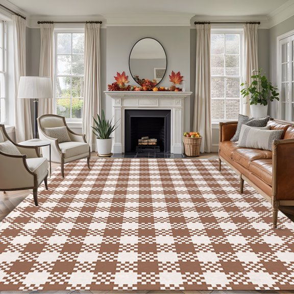 Rectangle Rug 5x7ft Area Rug, Retro Geometric Buffalo Tartan Area Rugs for Living Room Bedroom, Chic Plaid Khaki White Floor Mat Non-Slip Non-Shedding Carpet Indoor Accent Rugs