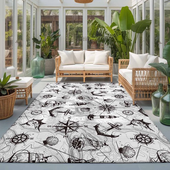 Rectangle Rug 5x7ft Area Rug, Retro Nautical Anchor Lighthouse Area Rugs for Living Room Bedroom, Black White Compass Map Floor Mat Non-Slip Non-Shedding Carpet Indoor Accent Rugs
