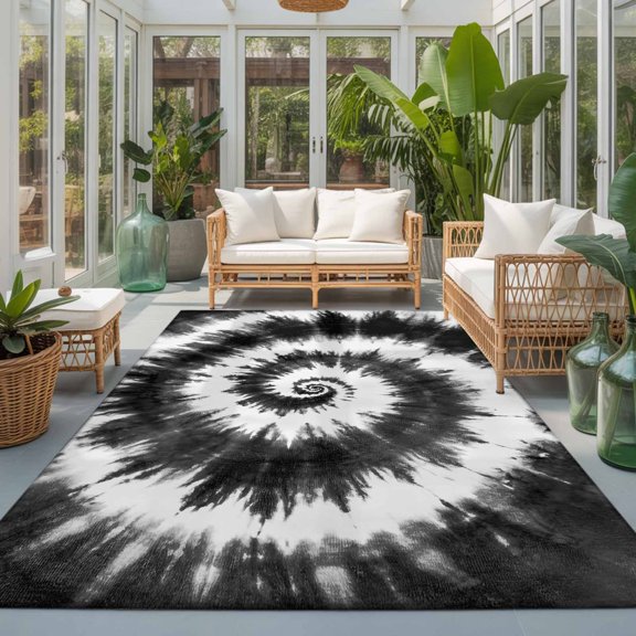 Rectangle Rug 5x7ft Area Rug, Retro Tie-dye Black White Area Rugs for Living Room Bedroom, Abstract Watercolor Vortex Theme Floor Mat Non-Slip Non-Shedding Carpet Indoor Accent Rugs