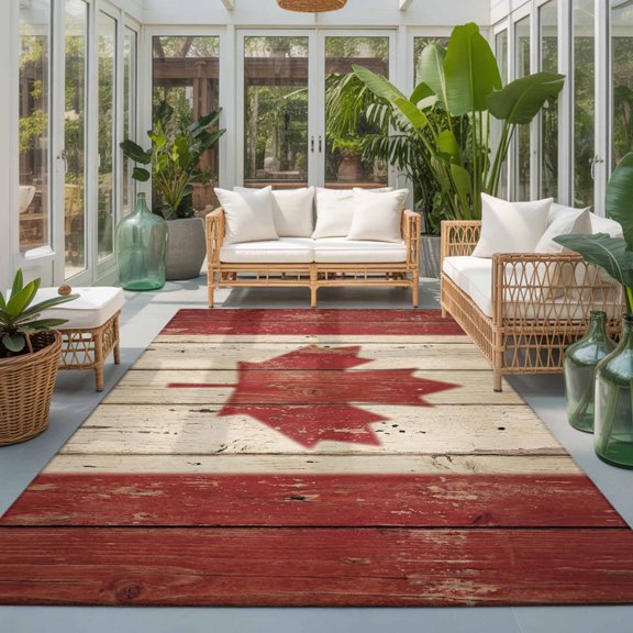 Rectangle Rug 5x7ft Area Rug, Retro Wooden Stripes Maple Leafs Area Rugs for Living Room Bedroom, Country Red Brown Plank Floor Mat Non-Slip Non-Shedding Carpet Indoor Accent Rugs
