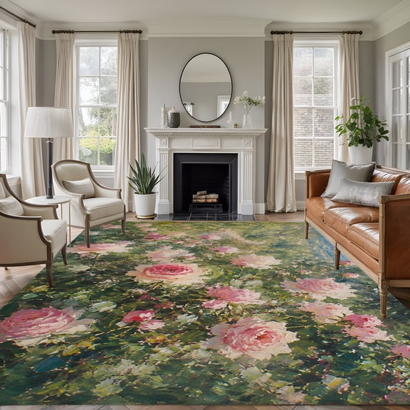 Rectangle Rug 5x7ft Area Rug, Romantic Pink Rose Area Rugs for Living Room Bedroom, Retro Country Lush Meadow Floor Mat Non-Slip Non-Shedding Carpet Indoor Accent Rugs