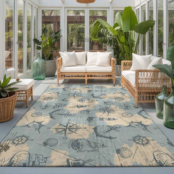 Rectangle Rug 5x7ft Area Rug, Sailing Anchor Compass Lighthouse Area Rugs for Living Room Bedroom, Retro Fish on Map Floor Mat Non-Slip Non-Shedding Carpet Indoor Accent Rugs