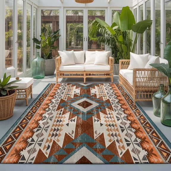 Rectangle Rug 5x7ft Area Rug, Southwestern Ethnic Geometric Art Area Rugs for Living Room Bedroom, Rustic Tribal Native Arrows Floor Mat Non-Slip Non-Shedding Carpet Indoor Accent Rugs