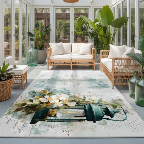 Rectangle Rug 5x7ft Area Rug, Spring Flowers Retro Letter Texture Area Rugs for Living Room Bedroom, Green Candle Lights Floor Mat Non-Slip Non-Shedding Carpet Indoor Accent Rugs