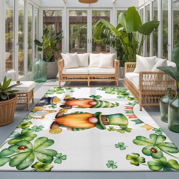 Rectangle Rug 5x7ft Area Rug, St Patrick's Day Gnome Clovers Area Rugs for Living Room Bedroom, Green Leaves Gold Coin Floor Mat Non-Slip Non-Shedding Carpet Indoor Accent Rugs
