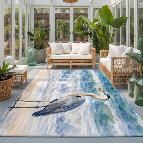 Rectangle Rug 5x7ft Area Rug, Summer Beach Coastal Heron Bird Area Rugs for Living Room Bedroom, Watercolor Ocean Theme Floor Mat Non-Slip Non-Shedding Carpet Indoor Accent Rugs