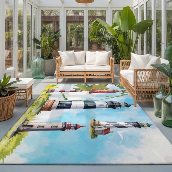 Rectangle Rug 5x7ft Area Rug, Summer Coastal Nautical Lighthouse Area Rugs for Living Room Bedroom, Ocean Beach Theme Floor Mat Non-Slip Non-Shedding Carpet Indoor Accent Rugs