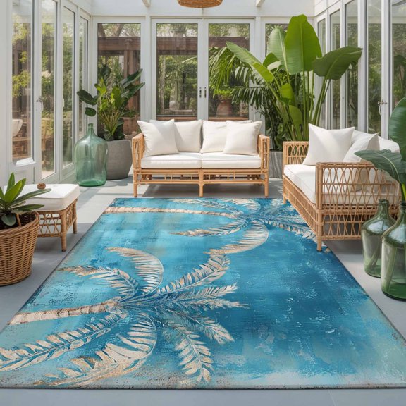 Rectangle Rug 5x7ft Area Rug, Summer Coconut Tree Blue Gradient Area Rugs for Living Room Bedroom, Ocean Nautical Theme Floor Mat Non-Slip Non-Shedding Carpet Indoor Accent Rugs