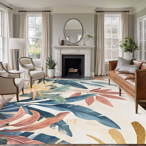 Rectangle Rug 5x7ft Area Rug, Summer Colorful Tropical Leaf Area Rugs for Living Room Bedroom, Vintage Plant Theme Floor Mat Non-Slip Non-Shedding Carpet Indoor Accent Rugs