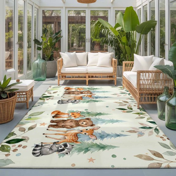 Rectangle Rug 5x7ft Area Rug, Summer Forests Bear Fox Raccoon Area Rugs for Living Room Bedroom, Pine Tree Leaves on Green Floor Mat Non-Slip Non-Shedding Carpet Indoor Accent Rugs