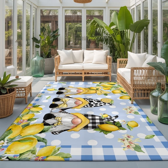 Rectangle Rug 5x7ft Area Rug, Summer Gnome Lemon Flower Leaf Area Rugs for Living Room Bedroom, Blue Checkered Polka Dot Floor Mat Non-Slip Non-Shedding Carpet Indoor Accent Rugs
