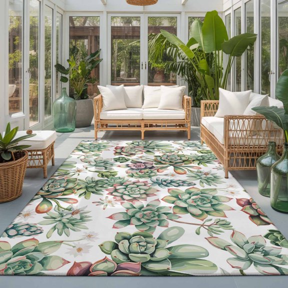 Rectangle Rug 5x7ft Area Rug, Summer Multi-meat Plants Area Rugs for Living Room Bedroom, Watercolor Botanical Floor Mat Non-Slip Non-Shedding Carpet Indoor Accent Rugs