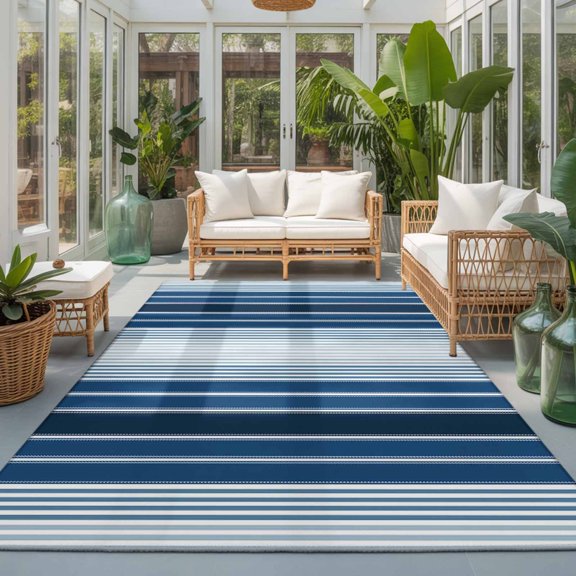 Rectangle Rug 5x7ft Area Rug, Summer Navy Blue Stripe Area Rugs for Living Room Bedroom, Abstract Geometric Ocean Theme Floor Mat Non-Slip Non-Shedding Carpet Indoor Accent Rugs