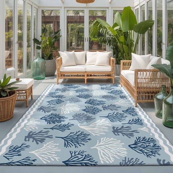 Rectangle Rug 5x7ft Area Rug, Summer Ocean Coral Seamless Area Rugs for Living Room Bedroom, Coastal Nautical Sea Style Floor Mat Non-Slip Non-Shedding Carpet Indoor Accent Rugs