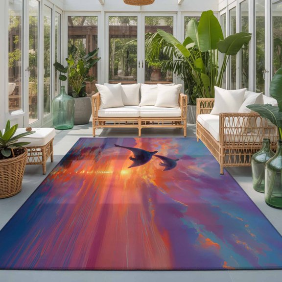 Rectangle Rug 5x7ft Area Rug, Summer Ocean Dolphin Area Rugs for Living Room Bedroom, Romantic Sunset Art Floor Mat Non-Slip Non-Shedding Carpet Indoor Accent Rugs