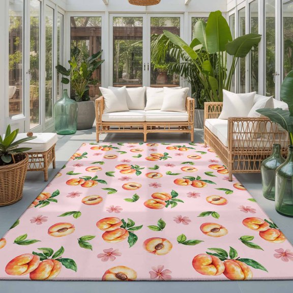 Rectangle Rug 5x7ft Area Rug, Summer Peaches on Pink Background Area Rugs for Living Room Bedroom, Watercolor Flower Floor Mat Non-Slip Non-Shedding Carpet Indoor Accent Rugs