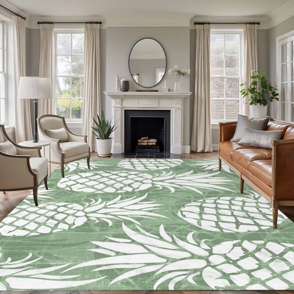 Rectangle Rug 5x7ft Area Rug, Summer Pineapple Sage Green Area Rugs for Living Room Bedroom, Farm Fruit Harvest Floor Mat Non-Slip Non-Shedding Carpet Indoor Accent Rugs