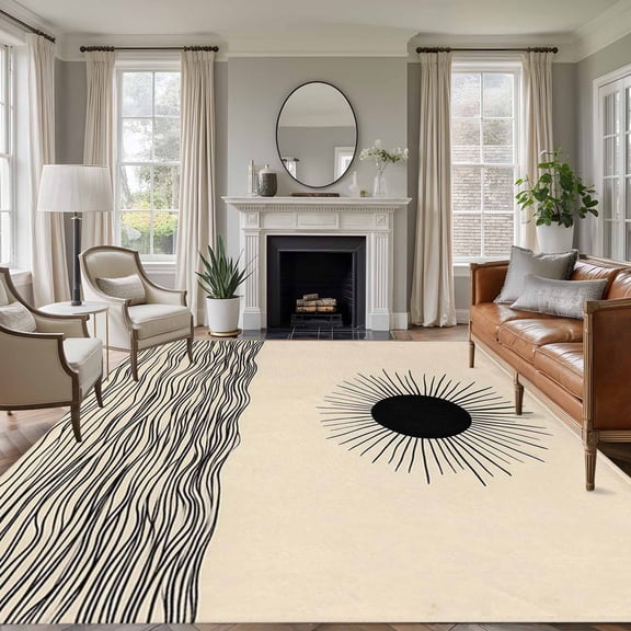 Rectangle Rug 5x7ft Area Rug, Sun Mountain River Abstract Black Stripe Area Rugs for Living Room Bedroom, Boho Style Floor Mat Non-Slip Non-Shedding Carpet Indoor Accent Rugs