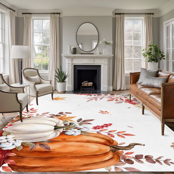 Rectangle Rug 5x7ft Area Rug, Thanksgiving Fall Harvest Pumpkin Area Rugs for Living Room Bedroom, Autumn Leaves Berry Cotton Floor Mat Non-Slip Non-Shedding Carpet Indoor Accent Rugs