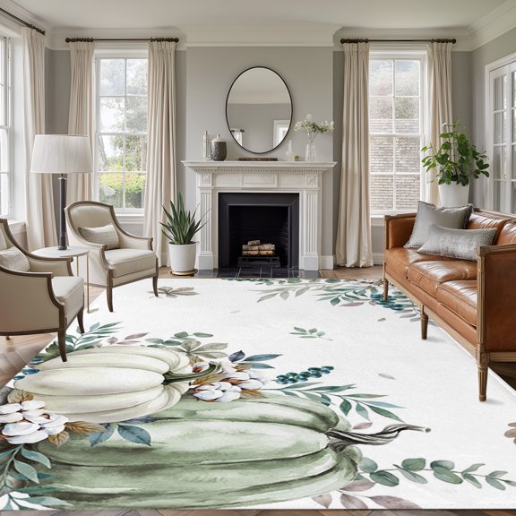 Rectangle Rug 5x7ft Area Rug, Thanksgiving Fall Pumpkin Cotton Area Rugs for Living Room Bedroom, Farm Eucalyptus Leaf Berry Floor Mat Non-Slip Non-Shedding Carpet Indoor Accent Rugs